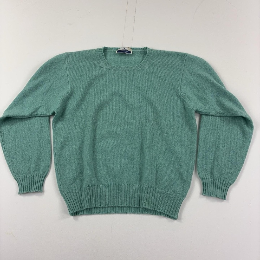 Fedeli Sweater Mens Large Green Crewneck 100% Cashmere Tight-Knit Pullover Italy
